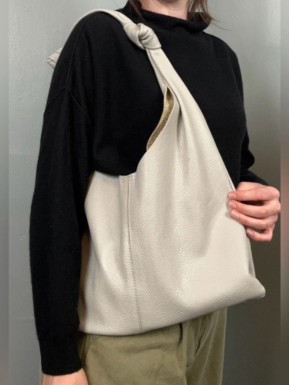 Taupe Slouchy Leather Double Knot Shoulder Hobo Bag Made in Italy